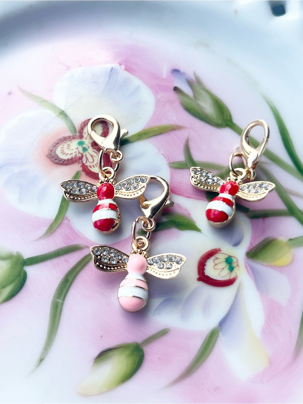 Gold Rhinestone Bee Zipper Pull Set Red & Pink Enamel Bees Set of (3)